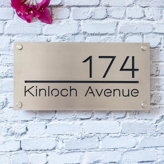 Brushed Nickel modern metal custom address sign.