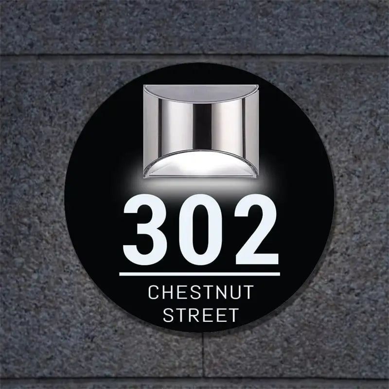 Circular solar-powered acrylic house number sign with LED light and custom engraved address text