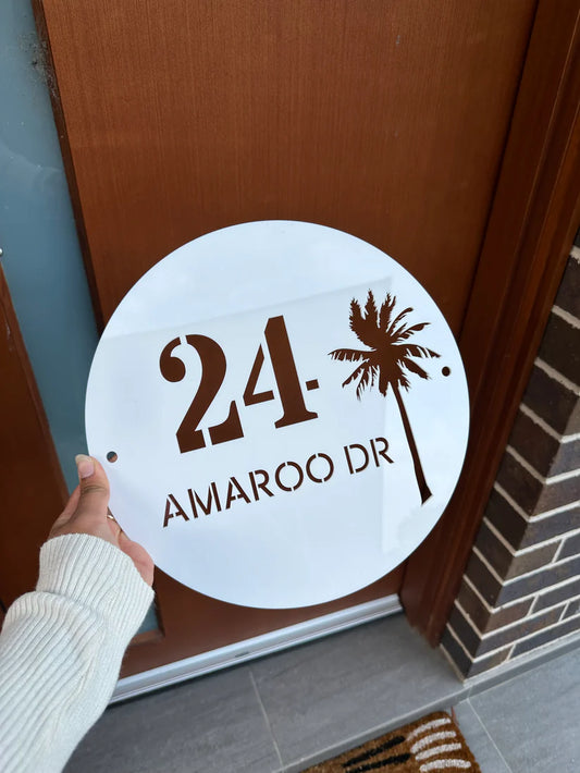 Coastal round palms acrylic custom address sign.